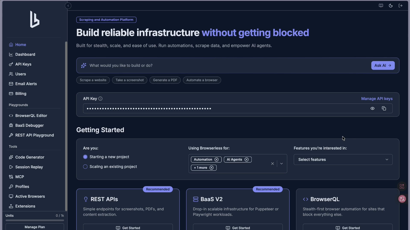 browserless.io 首頁顯示 API key 與 Manage API keys 入口