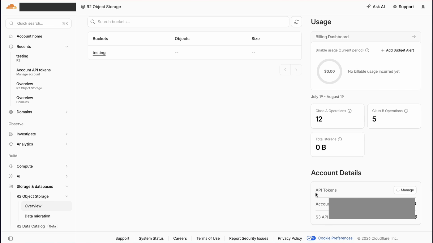 Cloudflare R2 Account Details 面板的 API Tokens Manage 入口