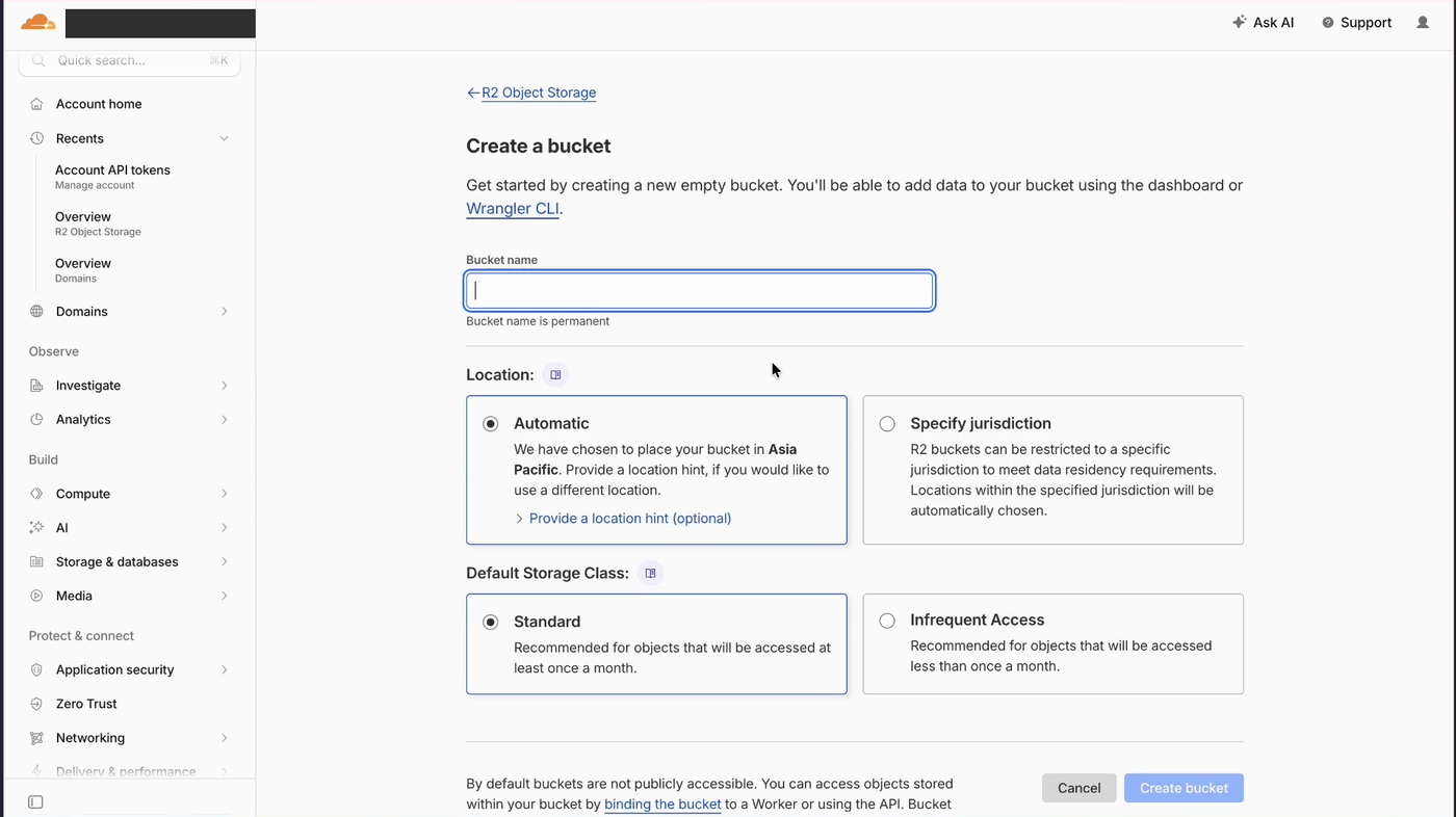 Cloudflare R2 建立 bucket 後的設定頁