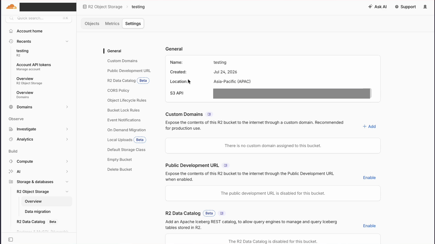 Cloudflare R2 bucket 設定頁啟用 Public Development URL