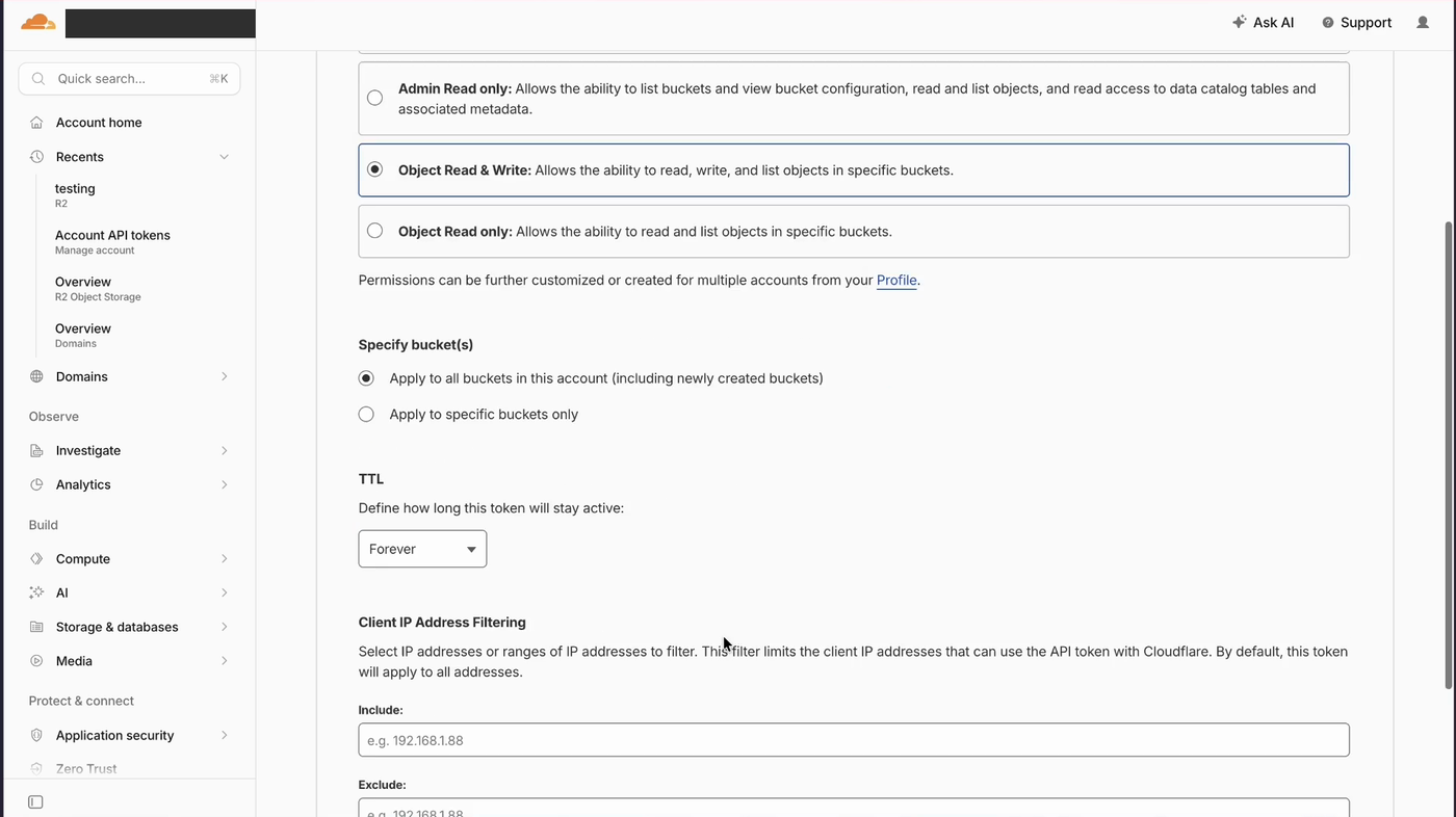 Cloudflare 建立 Account API Token 時選 Object Read and Write 權限