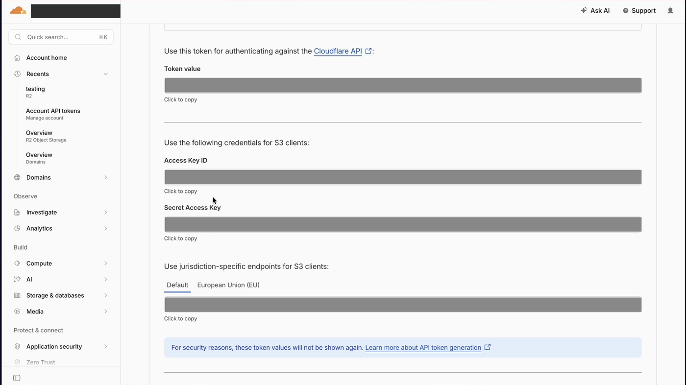 Cloudflare 建立 token 後顯示的 Token value、Access Key ID 與 Secret Access Key 欄位