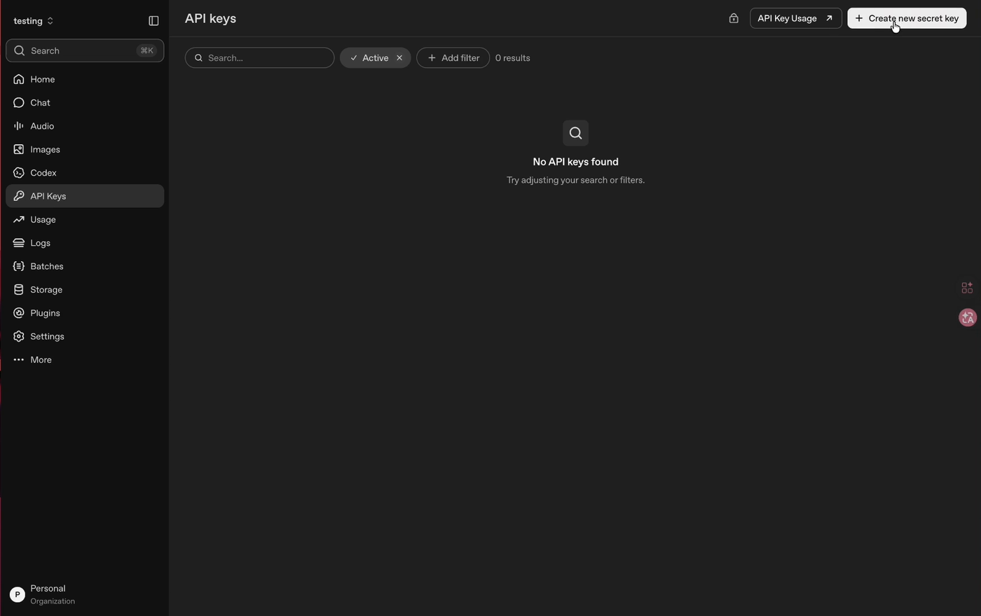 OpenAI platform 的 API keys 頁面，按 Create new secret key 建立