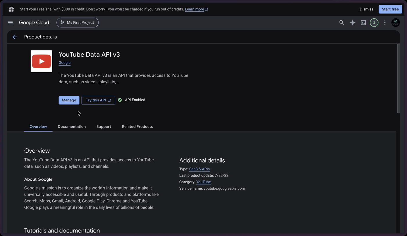 在 Google Cloud 搜尋並啟用 YouTube Data API v3